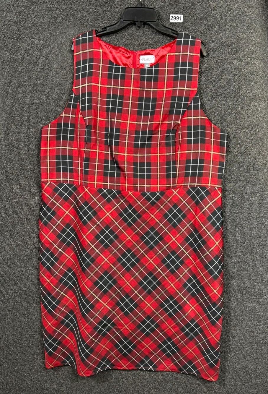 Children's Place Adult Red Black Gold Holiday Plaid Dress Size 24 Sleeveless